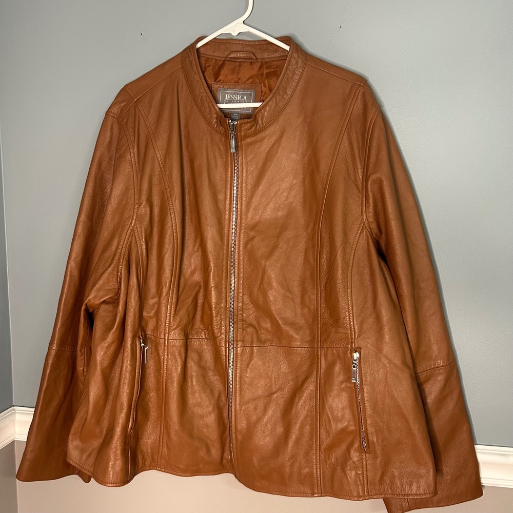Jessica London Womens Brown Leather Moto Jacket Plus Size 28W Cognac Full Zip
